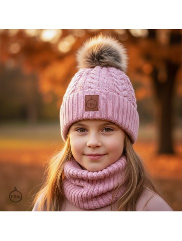 Zestaw Czapka Pompon i Komin 100 % - Merino Jesień/Zima - Roż