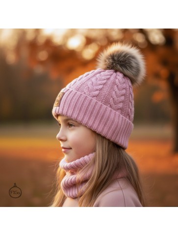 Zestaw Czapka Pompon i Komin 100 % - Merino Jesień/Zima - Roż