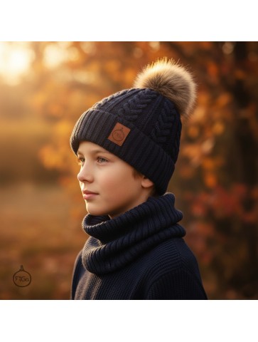 Zestaw Czapka Pompon i Komin 100 % - Merino Jesień/Zima - Granatowy