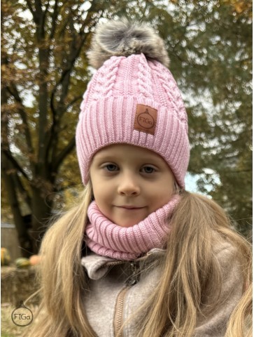 Zestaw Czapka Pompon i Komin 100 % - Merino Jesień/Zima - Roż
