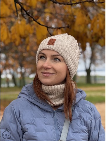 Zestaw Czapka i Komin 100 % - Merino Jesień/Zima - Jasny beż