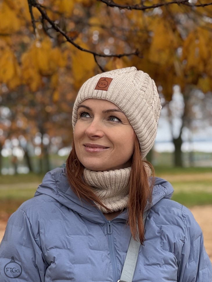 Zestaw Czapka i Komin 100 % - Merino Jesień/Zima - Jasny beż