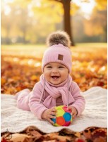 Zestaw Czapka z Pomponem i Szalik 100 % - Merino Jesień/Zima - Różowy