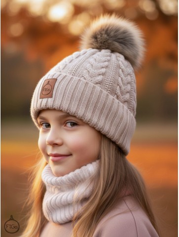 Zestaw Czapka Pompon i Komin 100 % - Merino Jesień/Zima - Jasny beż