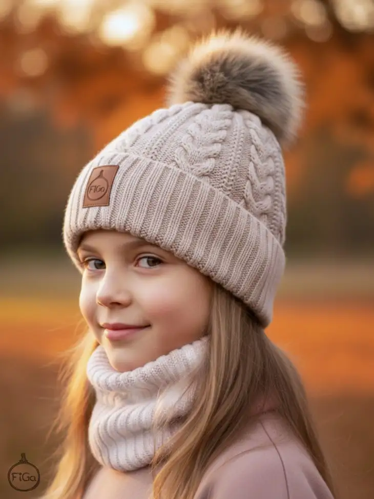 Zestaw Czapka Pompon i Komin 100 % - Merino Jesień/Zima - Jasny beż