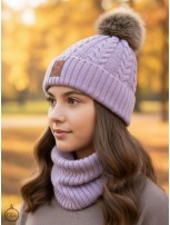 Zestaw Czapka Pompon i Komin 100 % - Merino Jesień/Zima - Liliowy