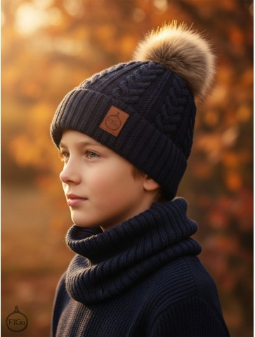 Zestaw Czapka Pompon i Komin 100 % - Merino Jesień/Zima - Granatowy