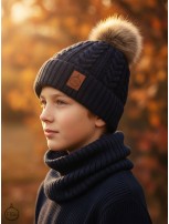 Zestaw Czapka Pompon i Komin 100 % - Merino Jesień/Zima - Granatowy