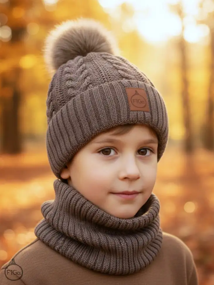 Zestaw Czapka Pompon i Komin 100 % - Merino Jesień/Zima - Capuccino