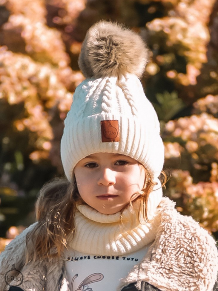 Zestaw Czapka Pompon i Komin 100 % - Merino Jesień/Zima - Ecri